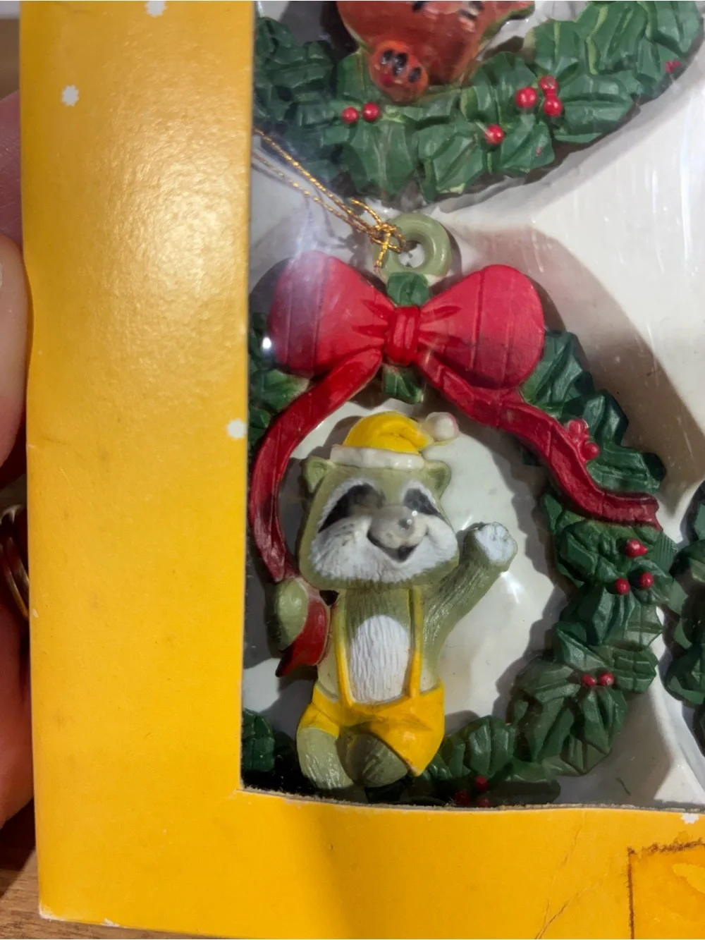Vintage Critter Wreath Ornaments Set 4 Hand Painted Resin Christmas #54-060